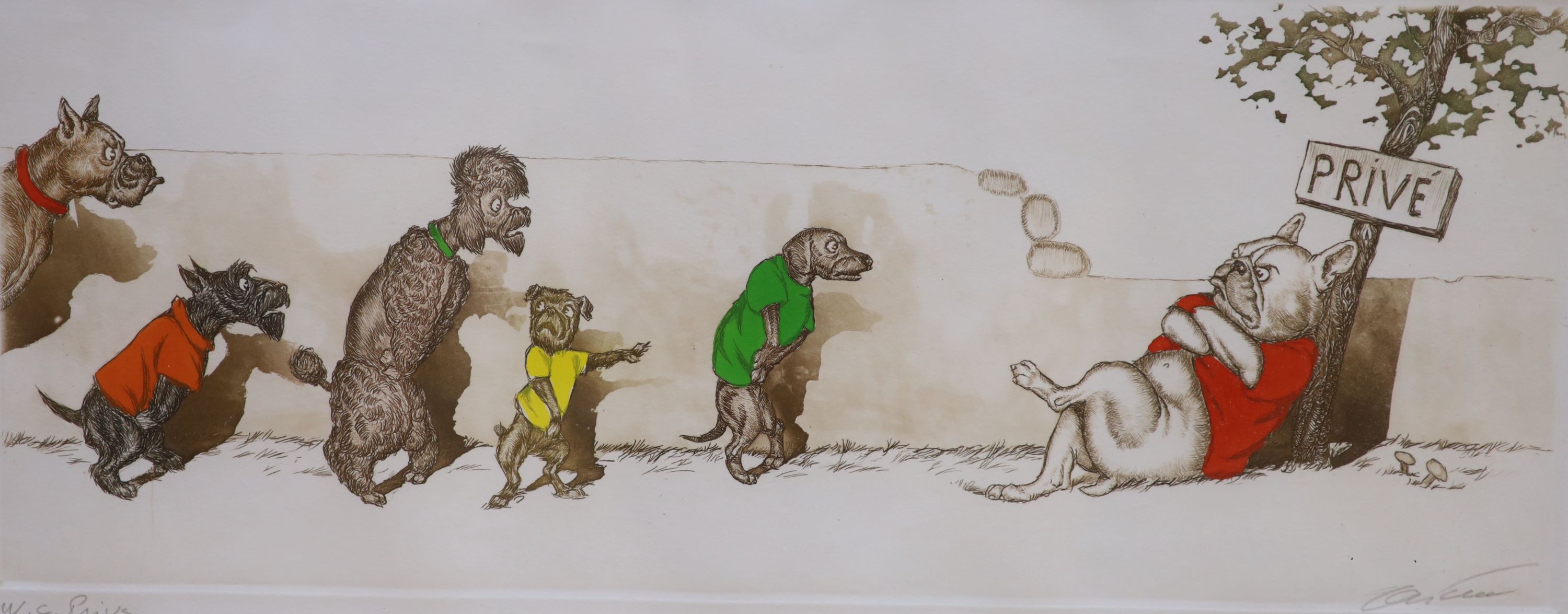 Boris O'Klein (1893-1985), coloured etching. 'Privé', signed in pencil, 18 x 44cm